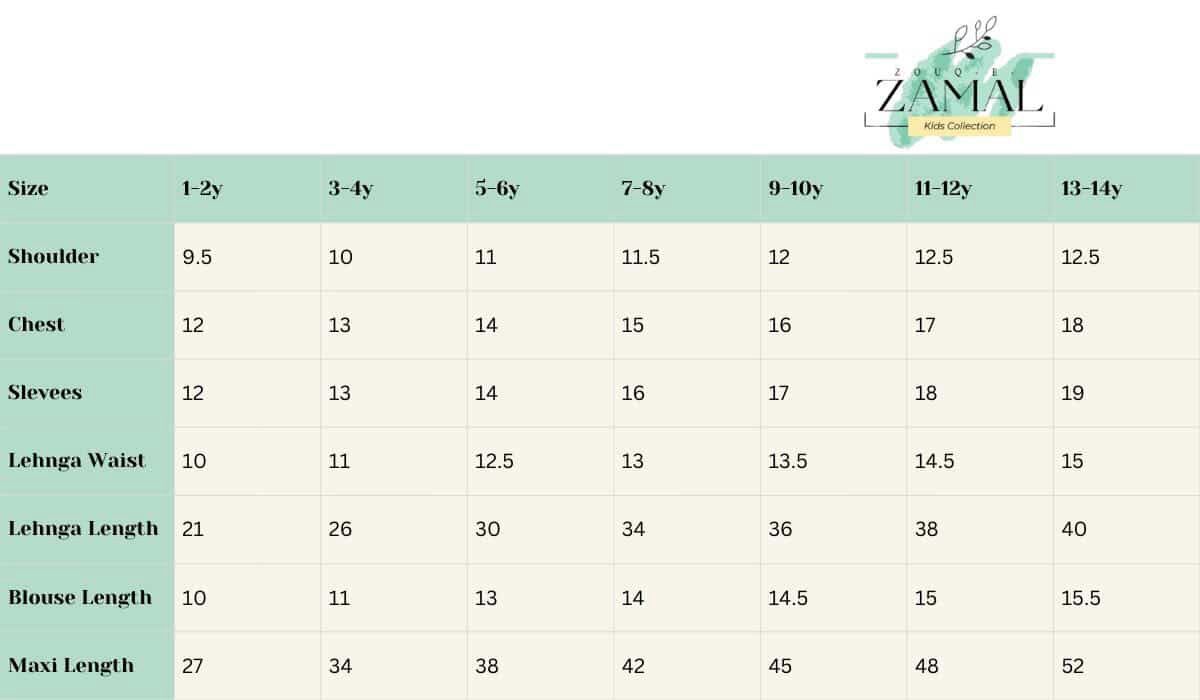 Aab-e-Zar Size Chart