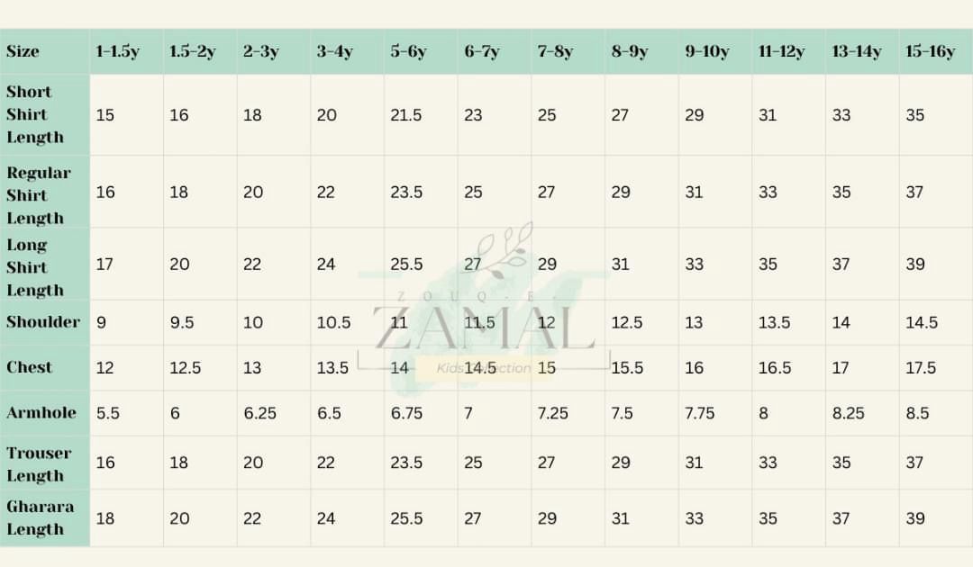 Surkh Noor Size Chart